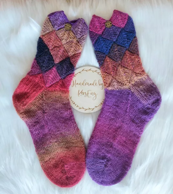 handgestrickte💙Socken Patchwork-Muster🧦Gr. 38/39 4-fäd. Neu "Flotte Socke "