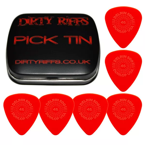 6 x Dunlop Delrin Prime Grip Guitar Picks / Plectrums - 0.46mm Red In A Pick Tin