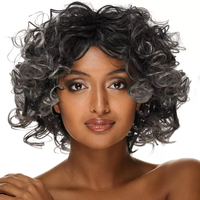 Black Spiral Wig Gray Curly Wigs Short Afro Women Human Hair Cosplay