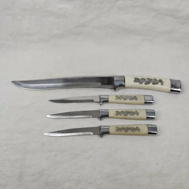 4 Rare Vintage Japan Kitchen Steak Knife Knives Lot Set Inlay Handle Cutlery