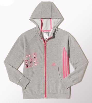 Adidas Girls LG RI Full Zip Hoodie Junior Youth Hooded Top - Grey / Pink M66845