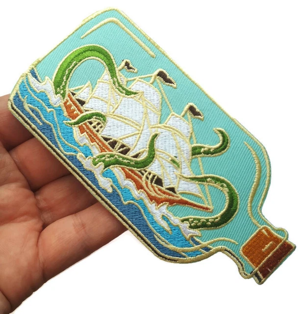 Ship in a Bottle Embroidered Iron On Patch 5"Sea Monster Wreck Kraken Mythical Ship in a Bottle Embroidered Iron On Patch 5"Sea Monster Wreck Kraken Mythical