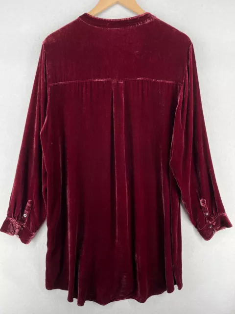 EILEEN FISHER Top 1X Plus Velvet Tunic Rayon Silk Button Front Long Sleeve Red 2