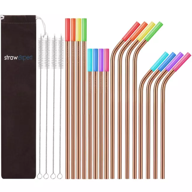 16 Pack Gold Reusable Metal Straws with Silicone Tip & Travel Case & Cleaning Br