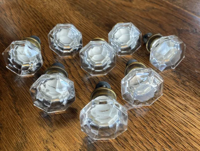 8 Vintage Antique glass 8 sided Pulls drawer cabinet knobs Diamond Faceted 1 1/2