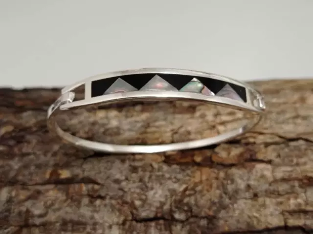 Ethnic style abalone mexican bar bracelet, Silver plated bracelet, black bracele