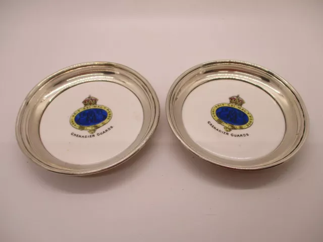 Pair of Antique Sterling Silver & Porcelain Pin Dishes - Grenadier Guards - 1904