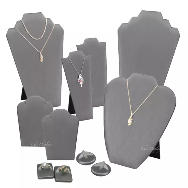 11pc Jewelry Display Set Grey Faux Leather Displays Necklace Ring Earring Stand