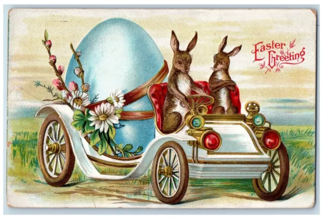 1912 Easter Greeting Anthropomorphic Rabbit Driving Car Egg Flowers Postcard