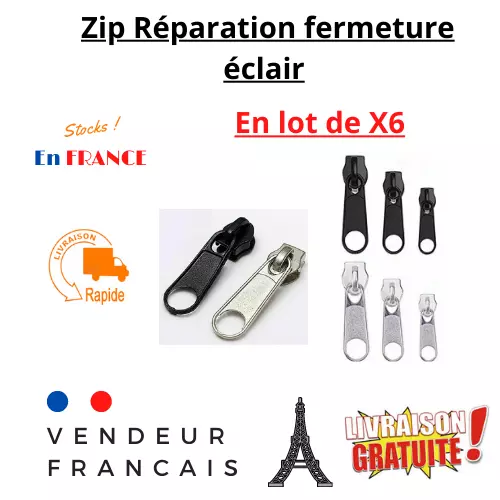 LOT DE 6 zips zippers 3 tailles réparation fermeture éclair Rapide Noir  Chrome EUR 4,50 - PicClick FR