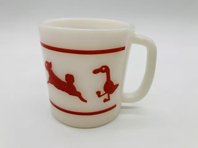 Vintage Milk Glass Childs Cup Mug Red Animals Duck Rooster Pig Sheep