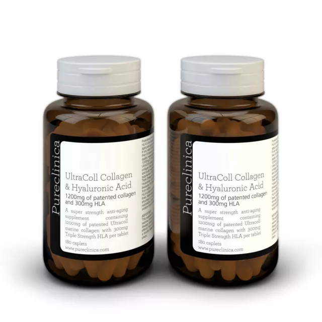 2 Bottles: 1200mg Collagen AND 300mg HLA in one tablet. Patented Marine Collagen