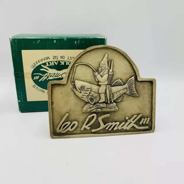 Vtg Leo R Smith Midwest Importers Display Sign Folk Art Santa Fisherman In Box