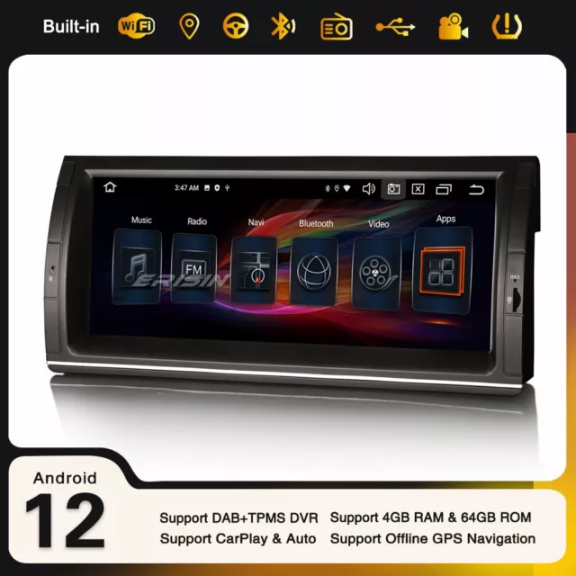 8-Cœur 10,25" ips 64GO Android 12 Autoradio TNT OBD WiFi CarPlay Navi BMW X5 E53