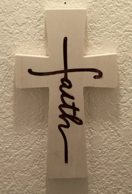 Hanging "Faith" Wooden Wall Cross 11" x 6" Religious Home Decoration Engraved