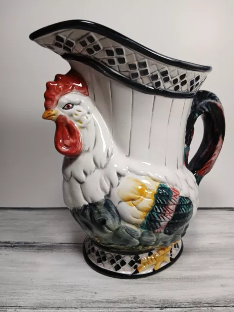 VTG Ceramic Rooster Chicken Checkerboard Country Farmhouse Decor Pitcher CBK