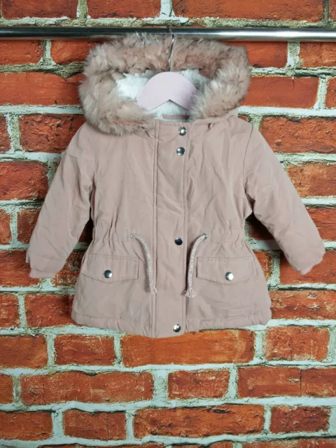 Baby Girls Coat Age 3-6 Month Primark Padded Coat Hood Faux Fur Lining Warm 68Cm