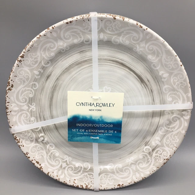 X6 CYNTHIA ROWLEY Gray Melamine Dinner Plate Set Rustic Medallion