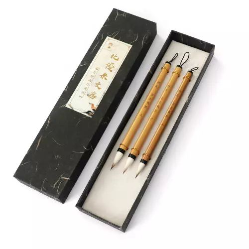 3Pc Chinese Traditional Calligraphy Paint Brush Set Bamboo Wool Hair Brushes