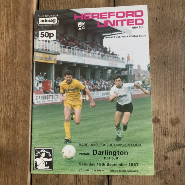 HEREFORD UNITED v Darlington Programme 19th Sept 1987 League Div 4 Excellent Con