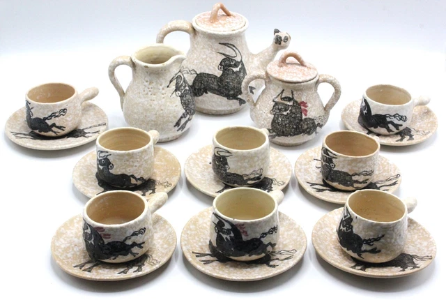 Mid Century Sanguino Toledo Spain Art Pottery Hand Paint Bull Demitasse Tea Set