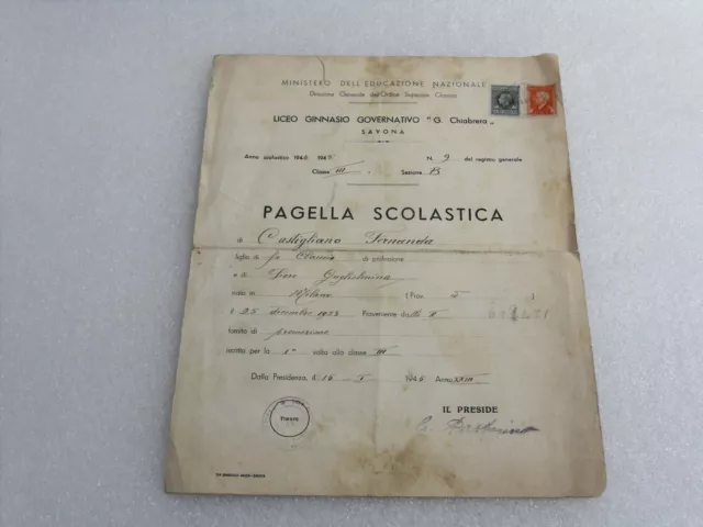 Pagella scolastica 1944 1945 Liceo Ginnasio governativo G. Chiabrera Savona