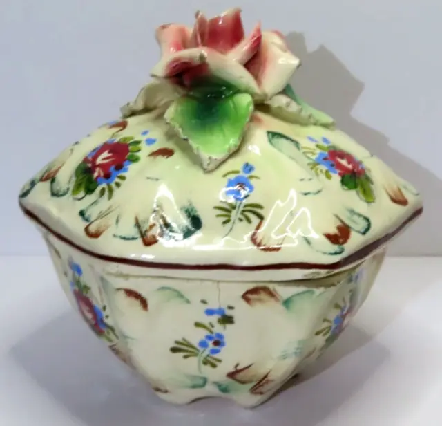 Antique Italian Hand Painted Maiolica Ceramic Pottery Lidded Bowl - ITALY 4.75"