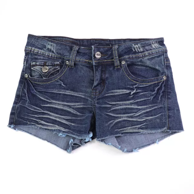 Denim Jean Shortie Shorts Size 3/4 Stretch Low Rise Distressed Cut-Off By Hand