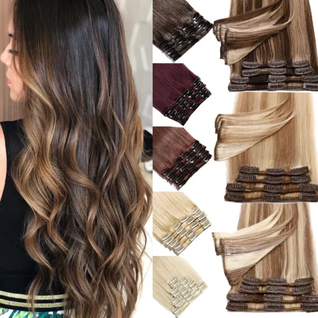 Clip In 100% Remy Real Human Hair Extensions Full Head Highlight Ombre US 8"-24"