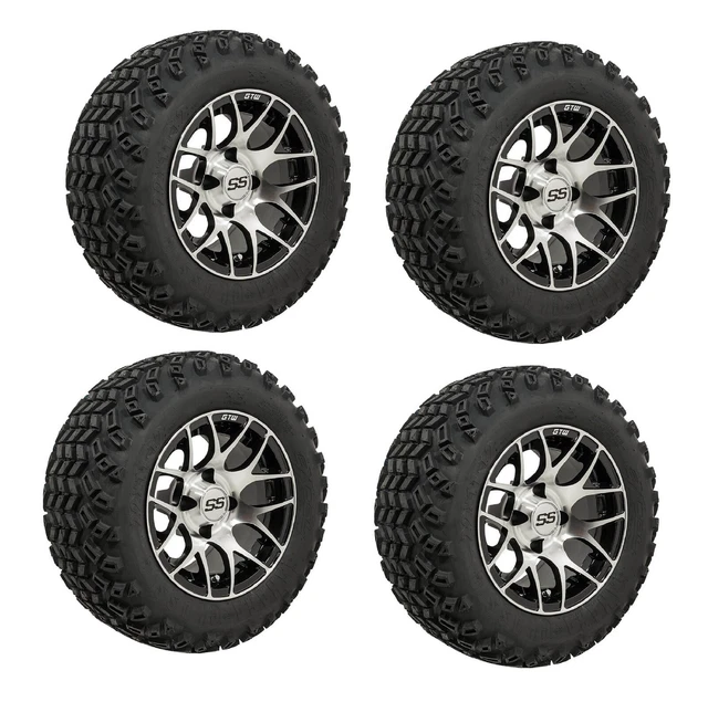Golf Cart GTW 12"" Pursuit Machined Black Wheel 22-11-12 to Tire Set of 4