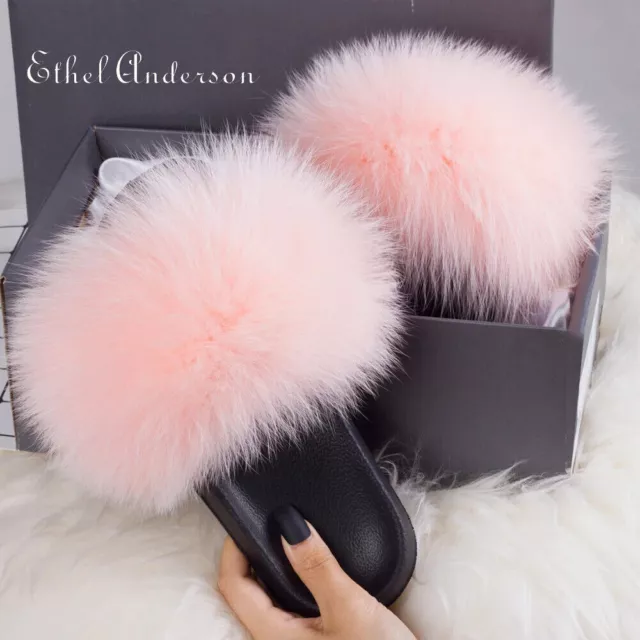 Real Fox Fur Slippers Slides Shoes Women Plush Fuzzy Sandals Fluffy Flip Flops