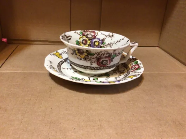 Antique Alfred Meakin Flat Cup & Saucer “Medway Decor” Floral Butterfly England