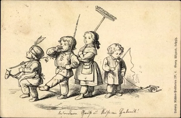 Künstler Ak Richter, Ludwig, Vier Kinder marschieren, Steckenpferd - 3805311