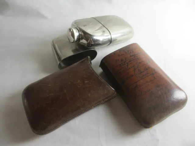 Military Campaign Nickel Silver Plate Hip Flask In Leather Case Antique C1890 .