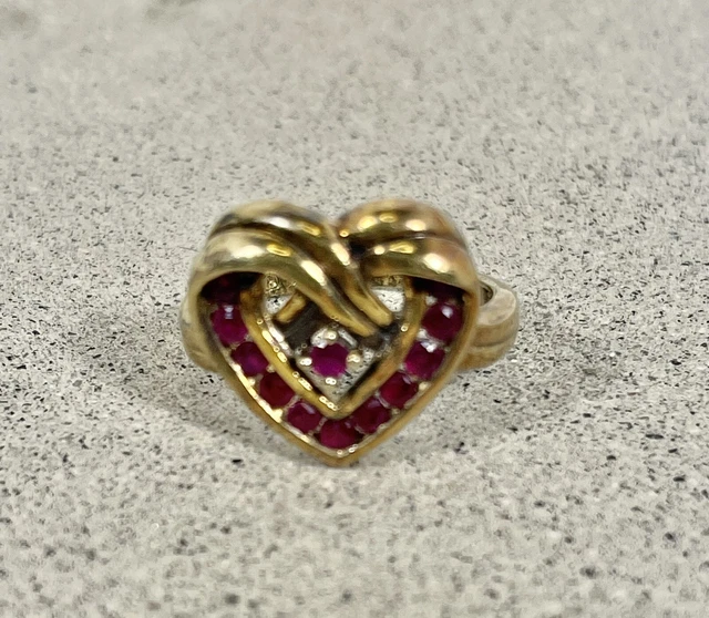 Vintage Gold Over Sterling Silver Heart Estate Ring With Garnets Size 7 3/4