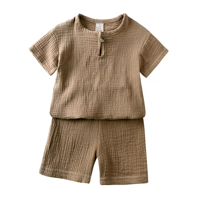 Toddler Kids Baby Boy Girl Solid Pullover Short Sleeve Cotton Linen Sweatshirt 3