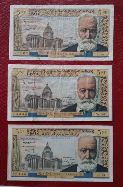 Lot de 3 billets de 5 nouveaux francs NF - victor hugo - 1961/1962 - état moyen.