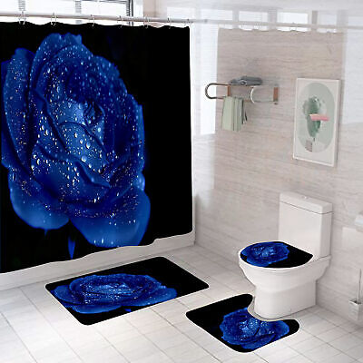 Black Blue Flower Shower Curtain Carpet Set Thick Bath Mat Anti-Slip Toilet Cove