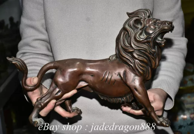 14" Chinese Marked Purple Bronze Stand Lion Beast Foo Dog Statue Sculpture