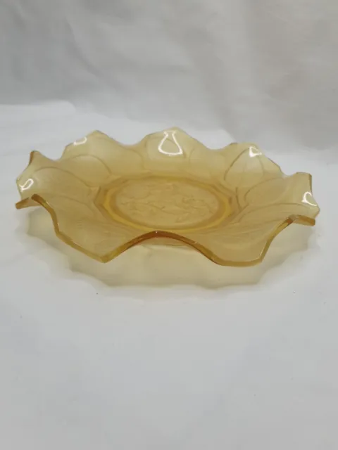 Vintage Retro Art Deco 1930 Frosted Yellow Glass Roses & Leaves Bagley Plate EUC