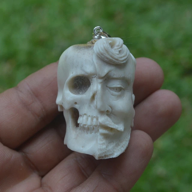 Skull Carving 44x37mm Pendant P5160 w/ Silver in Antler Hand Carved