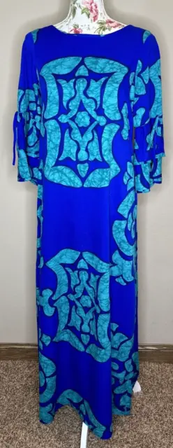 Liberty House Hawaii Dress VTG 60s 70s Blue Hawaiian Maxi Ruffle Bell Sleeves