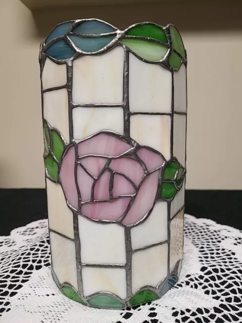 Vintage Tiffany Style Leaded Stained Glass Hurricane Lamp Shade w Rose Design