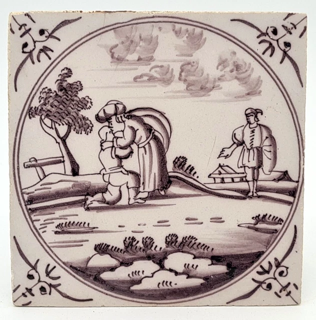 Antique 18th Century Dutch Delft Manganese Tile Biblical Scene AE11