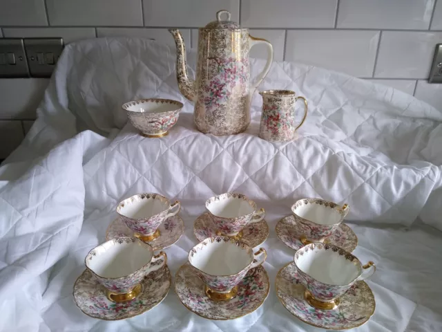 Art Deco English Bone China Hand Painted Gold & Blossom Tea Set 6 Place Settings 2