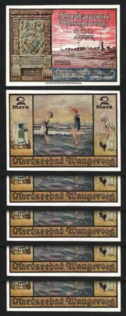 Germany, Handelsbank Wangeroog 2 Mark 1922, UNC- 5 Pcs LOT