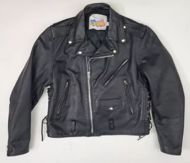 VINTAGE EXCELLED BLACK Leather Motorcycle Moto Biker Jacket Mens 44 M/L ...