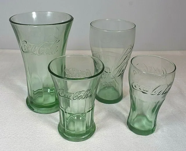 COCA-COLA Heavy Light Green Round Coke Glasses -  1Lg/1Sm Flared & 1Lg/1Sm