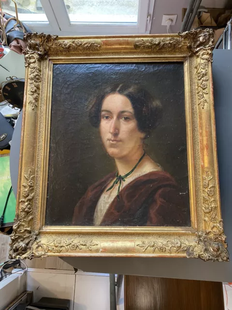 peinture ancienne huile? toile cadre Portrait dame femme XIXe? XVIIIe? tableau