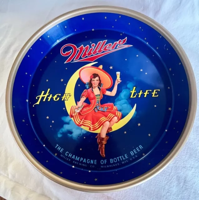 Vintage Miller High Life Beer Drink STEEL Serving Tray GIRL ON THE MOON 13 Inch